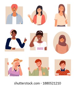 Set of portraits in flat design style. Positive young people different nationalities. Stylish person faces and shoulders avatars. Portrait of cool students with different skin colors and hairstyles