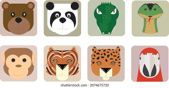 Set of portraits of forest animals in the form of icons (vector illustration - symbols)