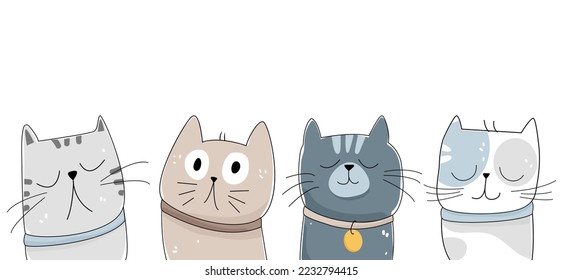 Retratos de cuatro gatos de dibujos animados. Juego de vectores de doodle para gatos curtidos y divertidos. Colección de diseño de caracteres Cat o kitten. Conjunto de animales de compañía aislados sobre fondo blanco.
