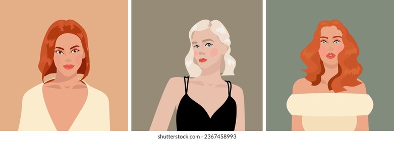 set of portraits of ginger and blond women. Young red-haired woman. Redhead. Diversity. Happy modern person avatars. Characters bundle. Flat vector illustrations.  Avatar for a social network. EPS10

