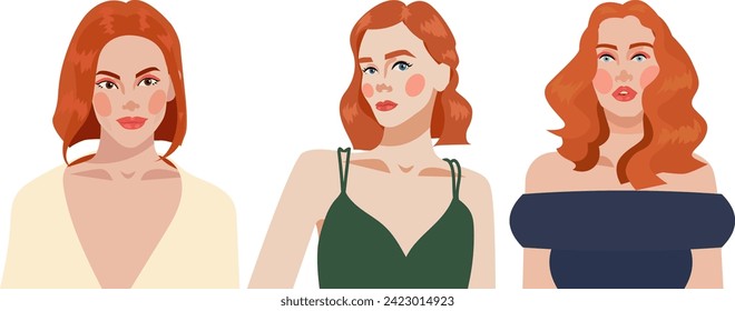 Set of portraits of ginger women. Young red-haired woman. Redhead. Diversity. Happy modern person avatars. Characters bundle. Flat vector illustrations.  Avatar for a social network. Ginger women face