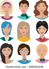 A set of portraits of girls. Avatar icons, design elements. Vector illustration.