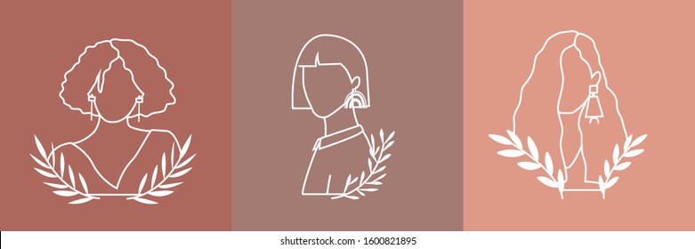 A set of portraits of the girls. Vector logo design template and illustration in simple minimal linear style, emblem, abstract icon.