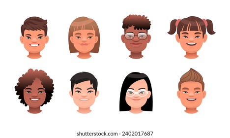 Set of portraits of happy children with down syndrome. Boys and girls of different races with the genetic disease Down Syndrome. Expression on the faces of sunny children. Vector illustration