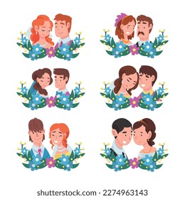 Set of portraits of happy romantic bride and groom in wreath of flowers cartoon vector illustration