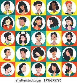 A set of portraits of icons of people of different gender and different ethnicity. Users of social networks, avatars for accounts.