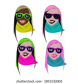 
Set of portraits of international girls with colored hair in black glasses, young stylish chicks, faces for avatars, vector characters isolated.