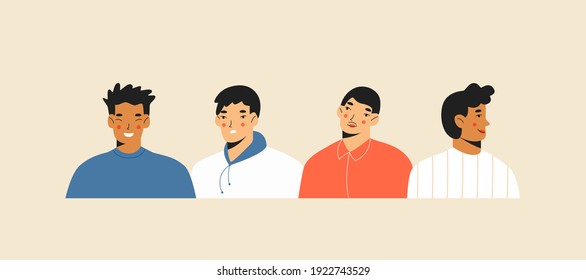 Set of portraits of men from different angles. A guy in profile, a guy in three-quarters, a guy in full face. A collection of avatars with different emotions. Vector illustration in a trendy style.