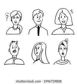 a set of portraits of men and women. Avatars of managers. Hand-drawn characters. Vector doodle illustration