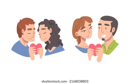 Set of portraits of men and women in love holding hearts. Romantic loving couples looking into each other cartoon vector illustration