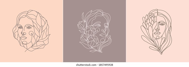 Set of portraits of minimalist female with proteus flower, cotton and branch. Vector illustration of a female face in a linear style. Feminine young face for designs and prints. Template for print - Shutterstock ID 1857495928