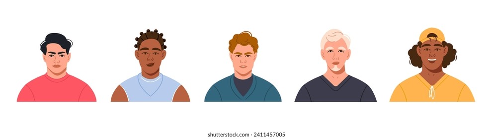 A set of portraits of modern multicultural multinational men with different hairstyles. Avatars of young men of different races. Bright vector illustration in a flat style