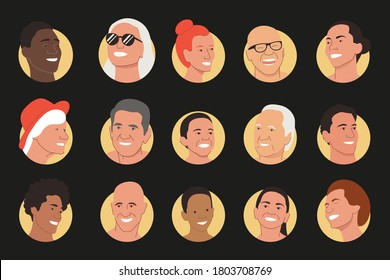 Set of portraits on dark background. Vector illustration with set of 15 different portraits of happy smiling men, women, children, teenagers with yellow avatar background. Icon, avatar, profile image