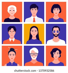 Set of portraits of oriental people of different gender and age. Avatars of women and men. Diversity. Vector flat illustration