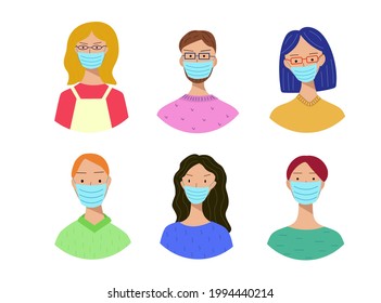 Set of portraits of people of different men and women in medical masks on their faces. Prevention of coronavirus infection.