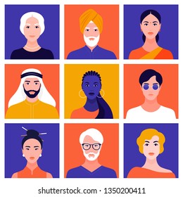 Set of portraits of people of different races, nations and ages. Collection of portraits and avatars for social networks. Vector flat illustration