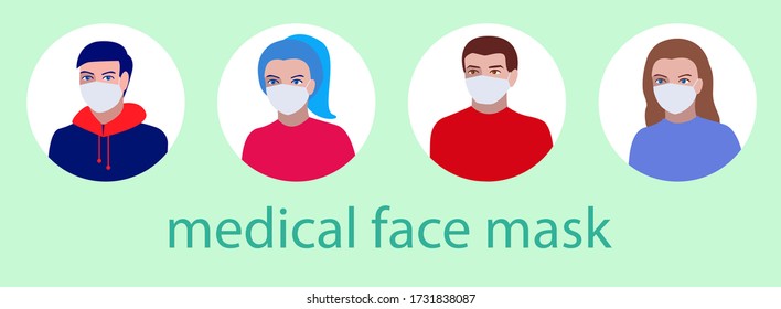 A set of portraits of people in medical face masks. Round icons with images of men and women. Flat vector icon set on a green background, round illustrations.