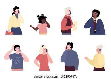 Set Of Portraits Of People Talking On Mobile Phone. Communicating, Speaking And Dialog Of Persons Via Smartphone. Flat Vector Illustrations Isolated On White Background