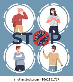 Set of portraits with people wearing protective medical face masks protesting against virus spread at background of flying virus and stop sign. Concept of coronavirus quarantine, epidemic of covid 19