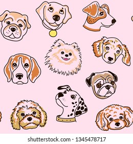 set of portraits of purebred dogs - sketch. Vector illustration. Pedigree dogs. Childish seamless pattern with funny creative dogs. 