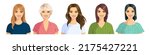 A set of portraits of random women with different hairstyles and hair colors. Young smiling women in different clothes. Illustrations in cartoon style isolated on white background. Vector.