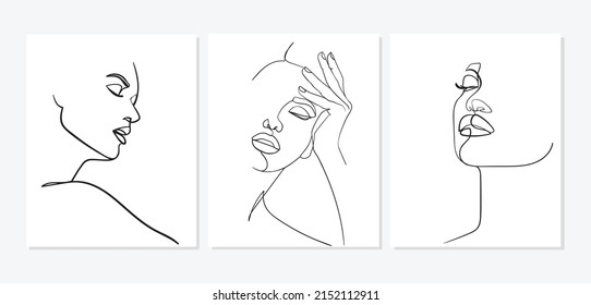 Set of portraits. Simple, minimalist vector illustration of beautiful woman face. Line drawing.