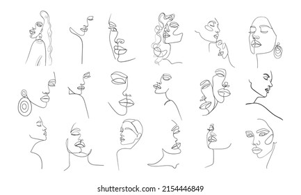 Set Of Portraits. Simple, Minimalist Vector Illustration Of Beautiful Woman Face. Line Drawing.