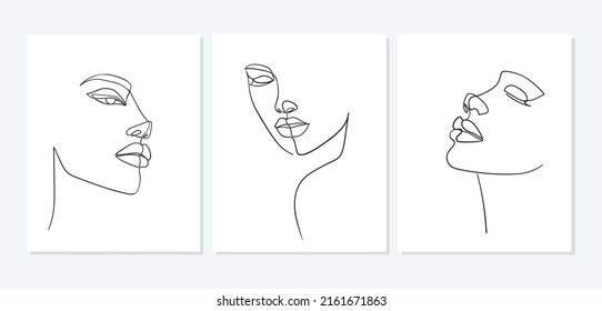 Set of portraits. Simple, minimalist vector illustration of beautiful woman face. Line drawing.