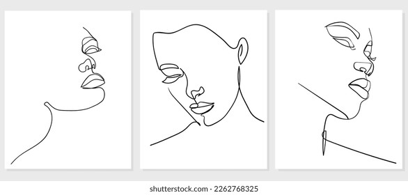 Set of portraits. Simple, minimalist vector illustration of beautiful woman face. Line drawing.