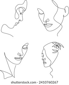 Set of portraits. Simple, minimalist vector illustration of beautiful woman face. Line drawing.