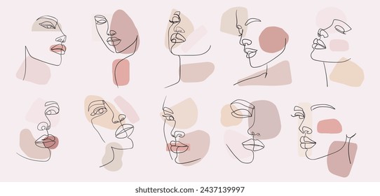 Conjunto de retratos. Ilustración simple, minimalista del vector de la cara hermosa de la mujer. Colores pastel. Dibujo de líneas.