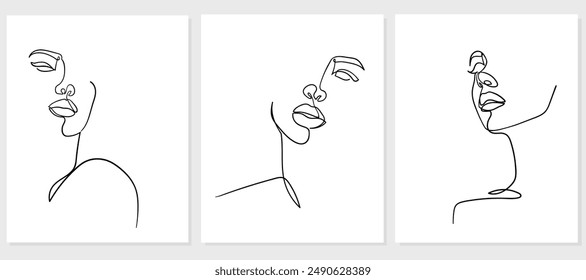 Conjunto de retratos. Ilustración vectorial simple, minimalista de la cara de la mujer hermosa. Dibujo lineal