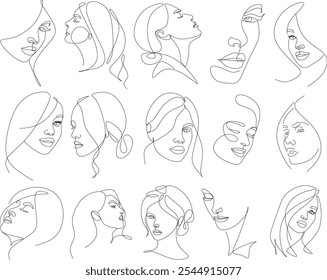 Conjunto de retratos. Simples, ilustração vetor minimalista de rosto de mulher bonita. Desenho de linha. Desenhado à mão sem inteligência artificial