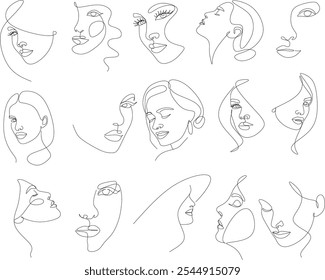 Conjunto de retratos. Ilustración vectorial simple y minimalista de la cara de la mujer hermosa. Dibujo de líneas. Dibujado a mano sin inteligencia artificial