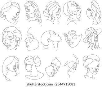 Set of portraits. Simple, minimalist vector illustration of beautiful woman face. Line drawing. Hand drawn without artificial intelligence