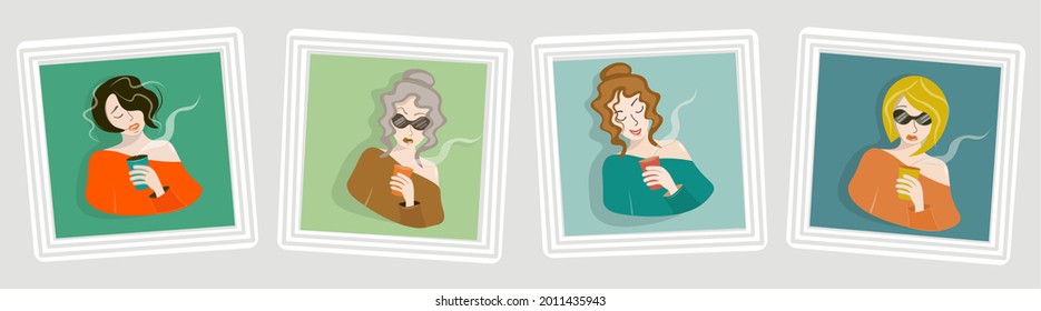 Set with portraits of stylish women. 4 attractive girls are drinking coffee or tea. Contemporary art for interior decoration, bars, restaurants. Advertising of drinks. Vector design. Cartoon style.