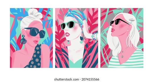 Set of portraits of stylish women. Young beautiful girl in sunglasses. Fashion lady with summer background. Independent look. Collection of illustrations of posing blond women.