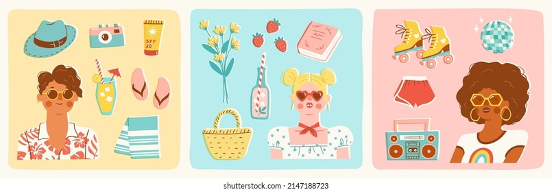 Set of portraits of stylish young people. Vector illustration of a tourist, girl with items for a picnic and roller skater. Trendy retro style.