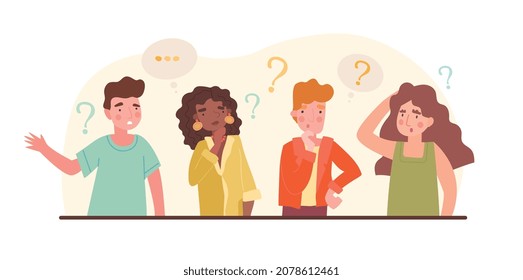 Set with portraits of thoughtful people standing together. Men and women thinking or solving problem. Boys and girls surrounded by thought bubbles. Flat cartoon vector illustration.