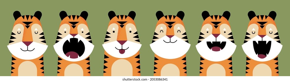 Set of portraits of tigers with different facial expressions.Cartoon animal. Design flat vector illustration.