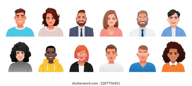 Retratos de varios hombres y mujeres. Expresiones faciales de jóvenes guapos y elegantes. Ilustración vectorial al estilo de las caricaturas.