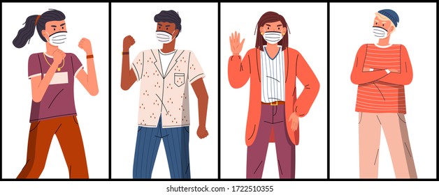 Set of portraits with vector cartoon characters protesting against coronavirus. Concept of world epidemic of covid 19. Mix race people wearing protective face medical masks at white background