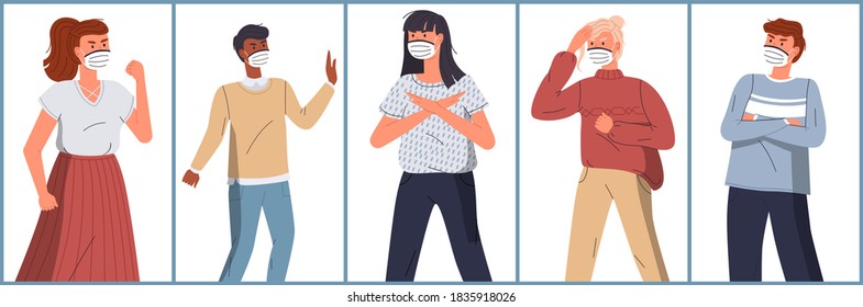 Set of portraits with vector cartoon characters protesting against coronavirus. Concept of world epidemic of covid 19. Mix race people wearing protective face medical masks at white background