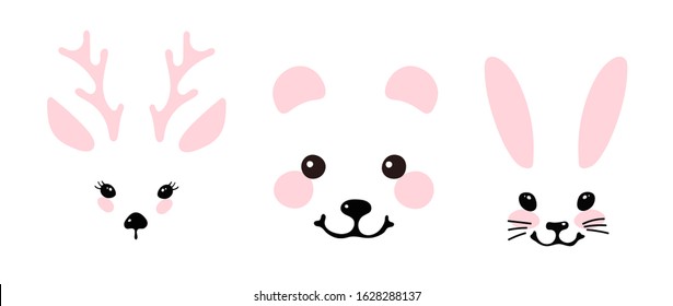 Set of portraits of wild forest animals. Bear, deer and hare. Flat vector illustration, cartoon characters for nursery