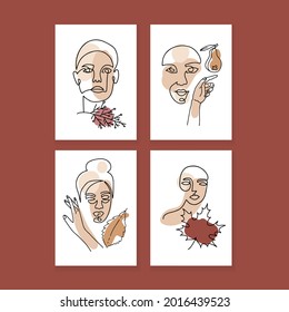 Set of portraits of women with autumn leaves and abstract terracotta, beige and yellow shapes. Hand drawn minimalistic lines. Isolated vector illustration for social networks. A4 posters