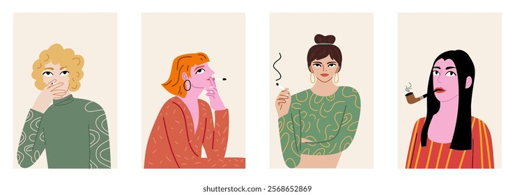 A set of portraits of women with a cigarette. Smoking women.