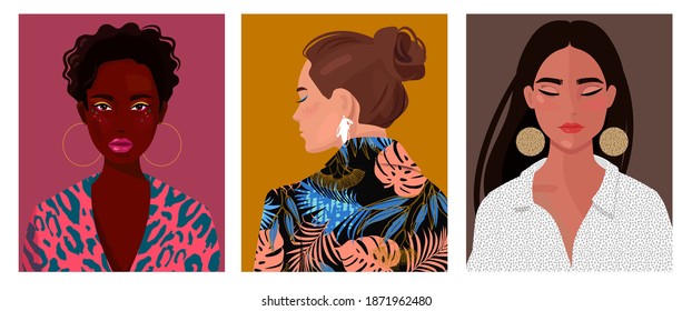  Portraits von Frauen unterschiedlichen Geschlechts und Alters. Vielfalt. Vektorflache Illustration. Avatar für ein soziales Netzwerk.  Vektorgrafik