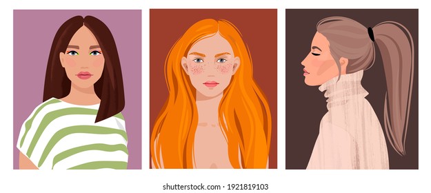 Conjunto de retratos de mujeres de diferentes géneros y edades. Diversidad. Ilustración plana vectorial. Avatar para una red social.  Ilustración plana del vector