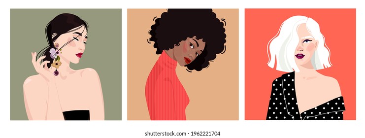 Portraits von Frauen unterschiedlichen Geschlechts und Alters. Vielfalt. Vektorflache Illustration. Avatar für ein soziales Netzwerk.  Vektorgrafik
