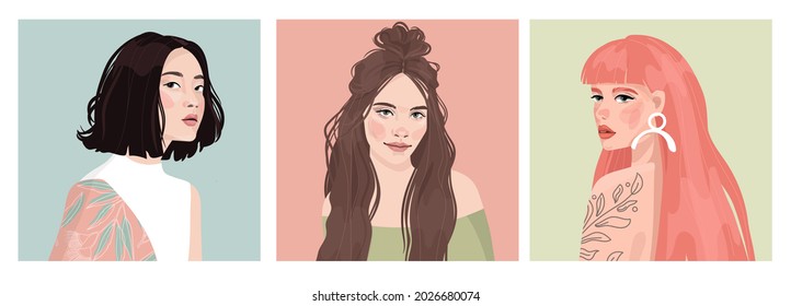 Set of portraits of women of different gender and age. Diversity. Vector flat illustration. Avatar for a social network.  Vector flat illustration - Shutterstock ID 2026680074